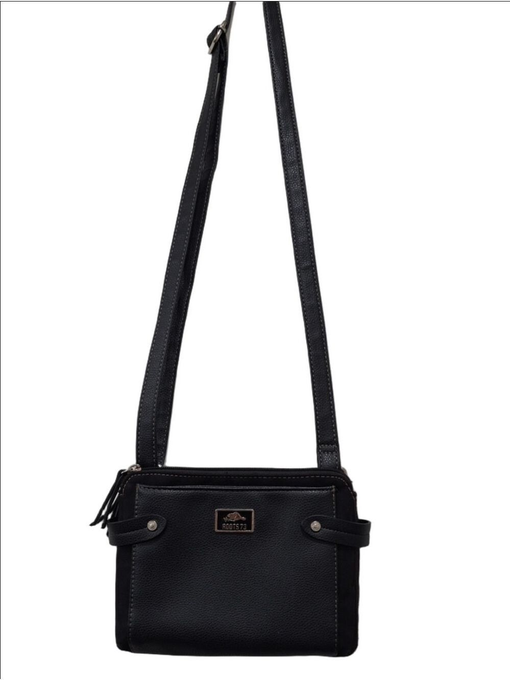 Roots 73 Black Pebbled Vegan Leather Crossbody Bag Triple Zip Multi-Pocket Purse - Picture 2 of 16
